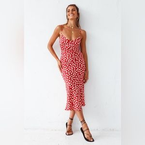 Red Printed Midi Slip Dress with Spaghetti Straps